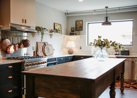 Kitchen island with copper pans
